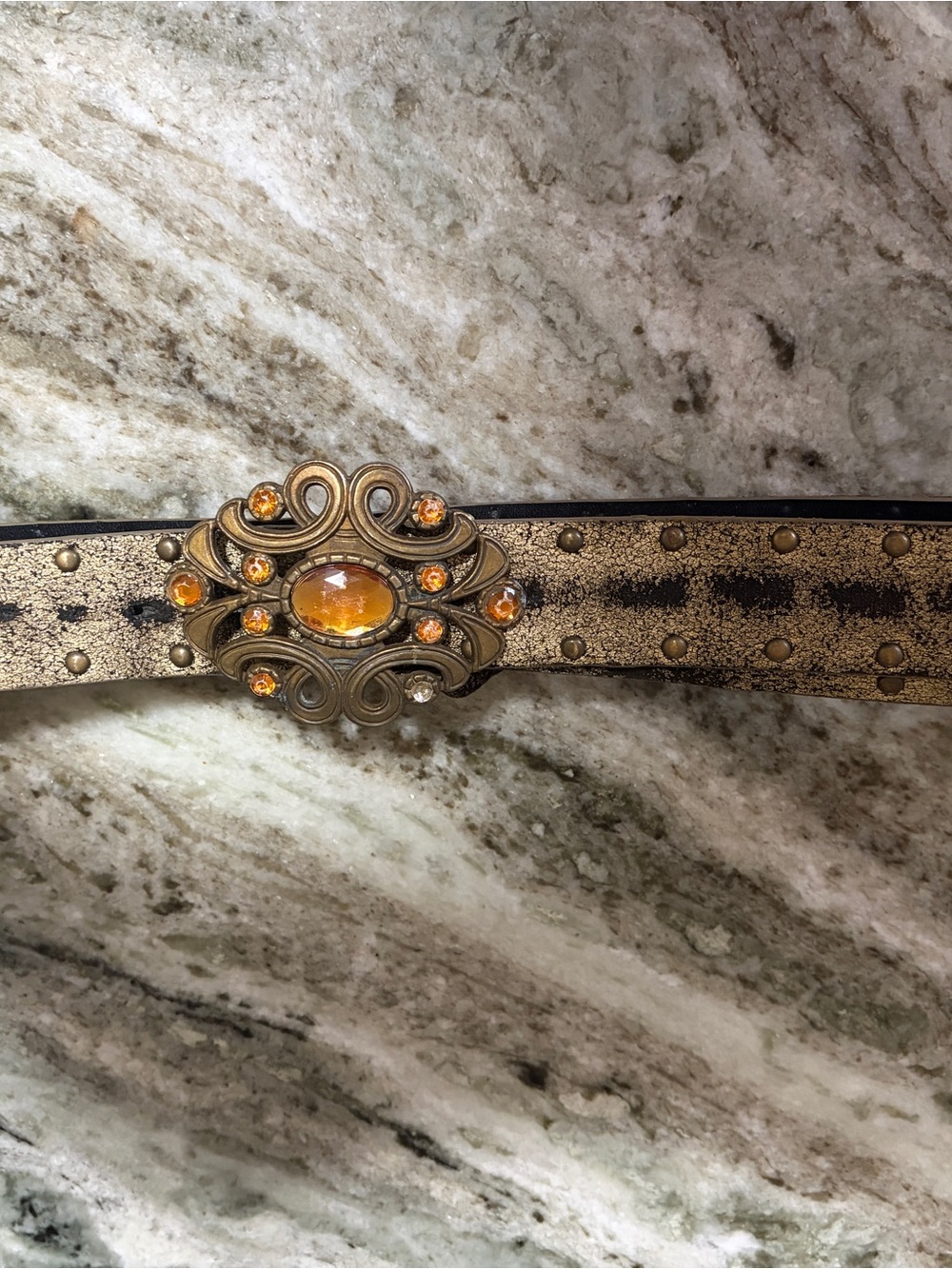 Gold-Tone Women's Decorative Belt with Amber Gem Accent